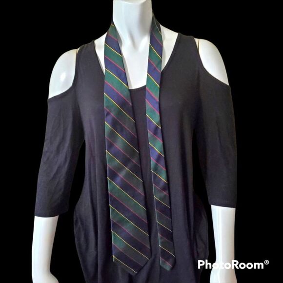 Fashion Neckwear Green, Blue, Yellow, & Red Striped Silk Tie - Picture 1 of 5